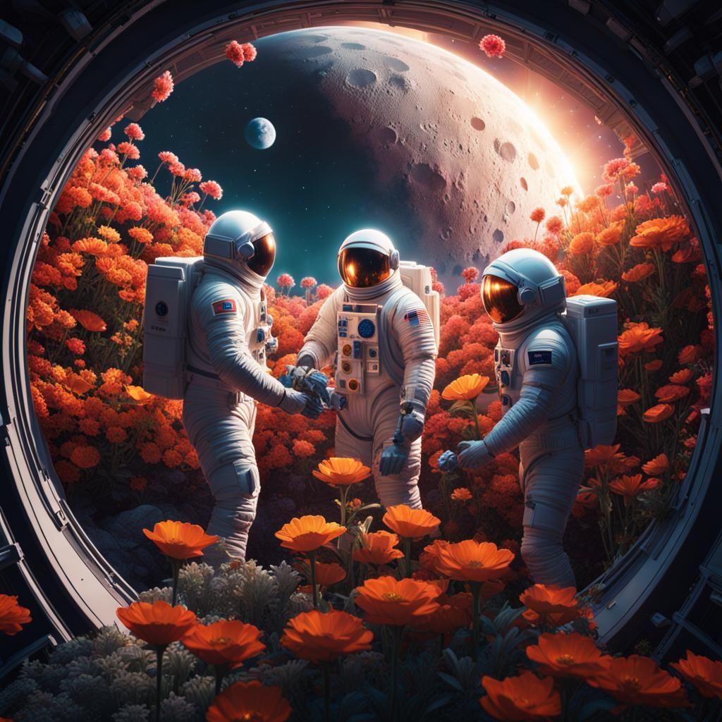 Three men in spacesuits tending to the flowers in a geodesic dome of ...