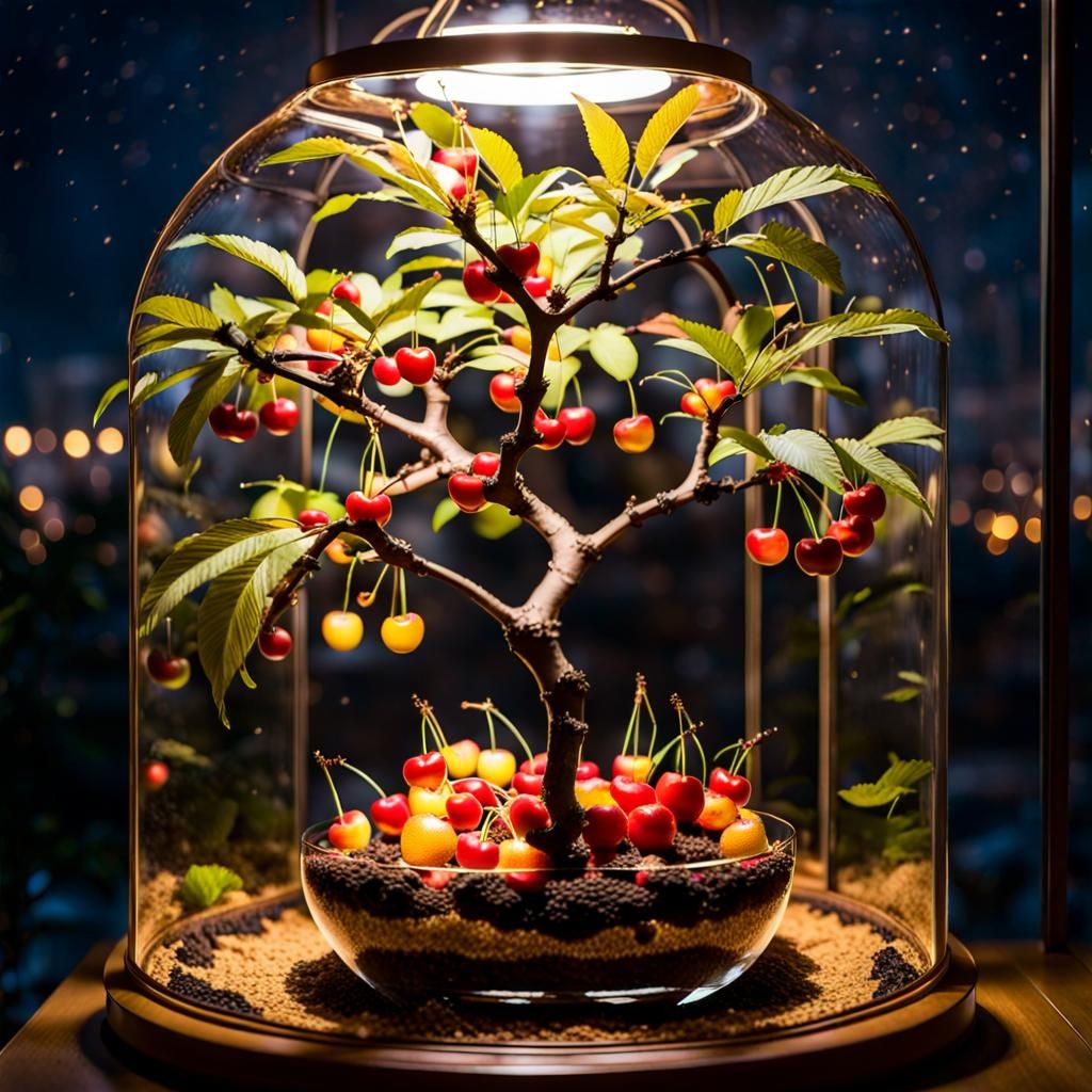 a cherry tree with ripe fruit in a terrarium at night illumi...