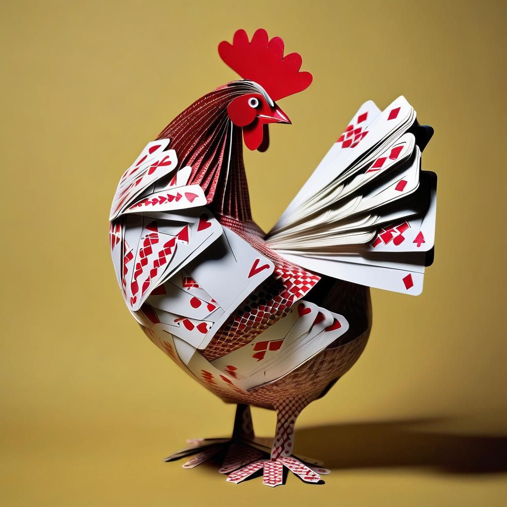 A chicken made out of playing cards.