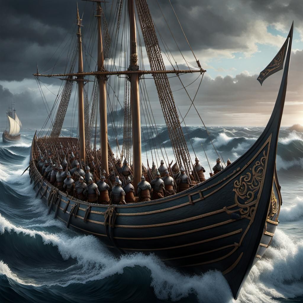Viking long boats, full of warriors, battle the rough seas, ...