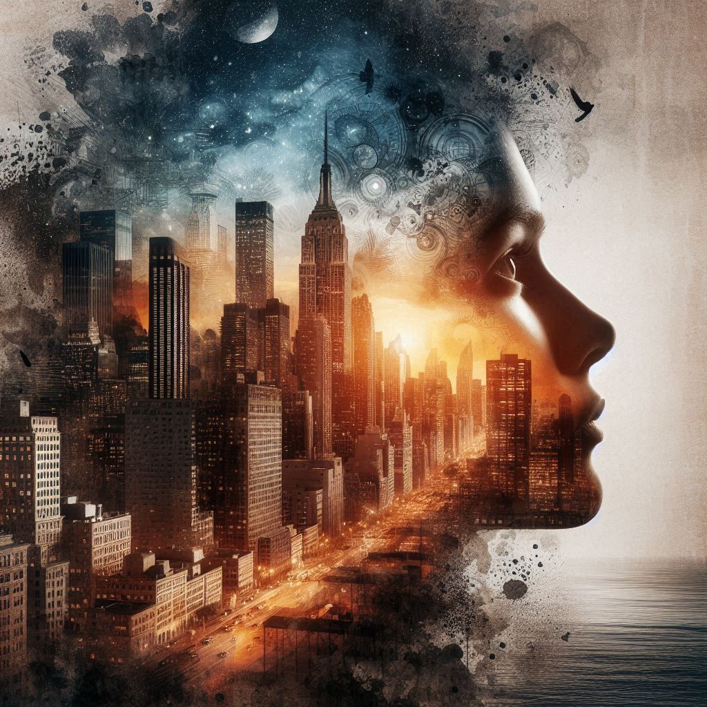 double exposure beautiful fantasy DALL-E 3 portrait landscape..