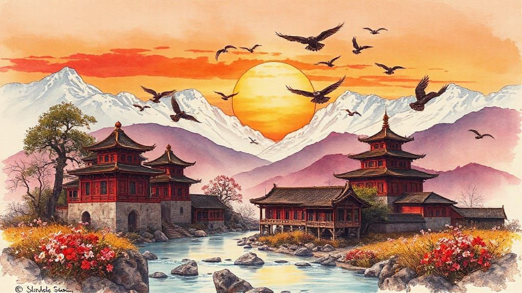 Abstract fine line pencil sketch, wet on wet watercolor paint, a glorious red, orange and purple sunset ...  by @Spearmint