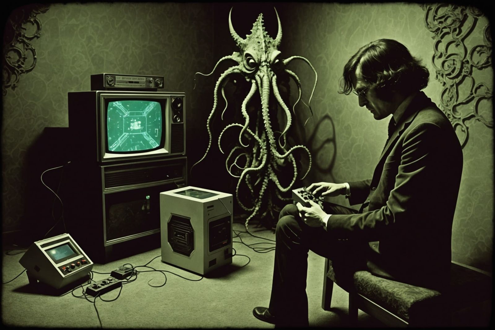 A fading Polaroid photograph of Cthulhu and Eldritch Abomati...