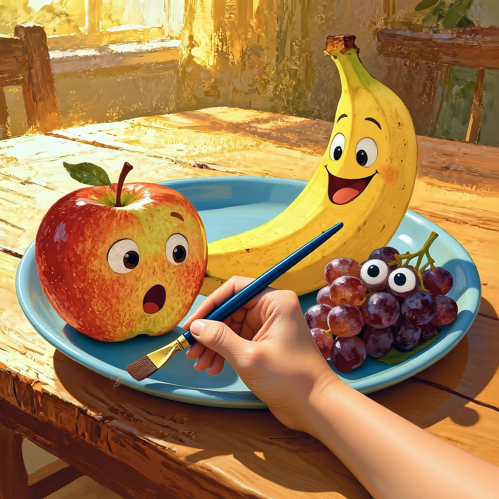 A group of assorted fruits – an apple with a surprised expression, a banana with a mischievous grin, ...  by @ChefNate01