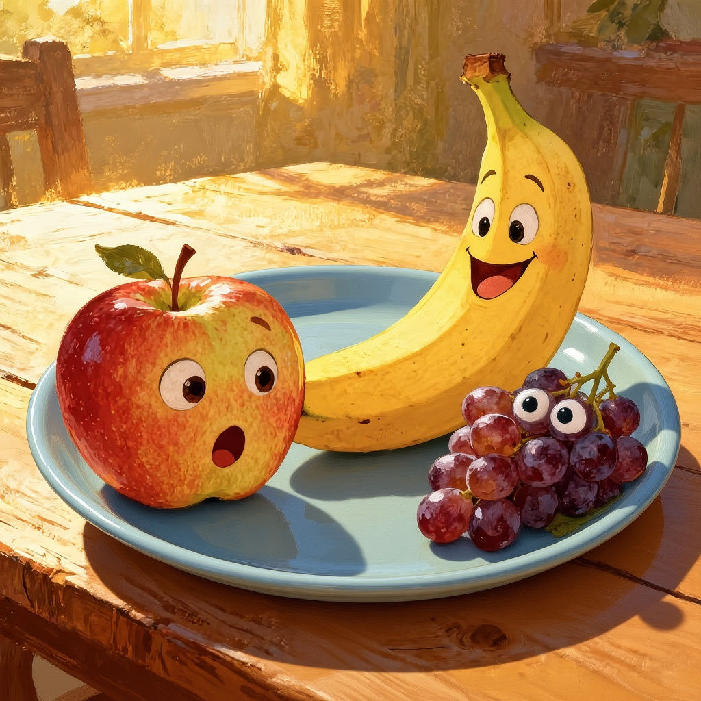 A group of assorted fruits – an apple with a surprised expression, a banana with a mischievous grin, and a bunch of grapes with tiny, wide e...