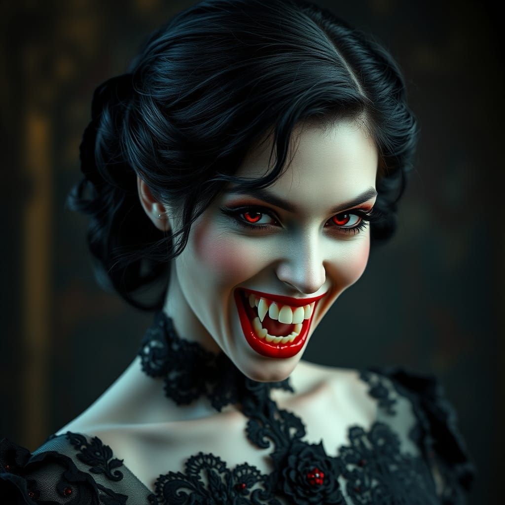 Elegant Vampire Woman in Victorian-Era Gown with Gothic Roma...