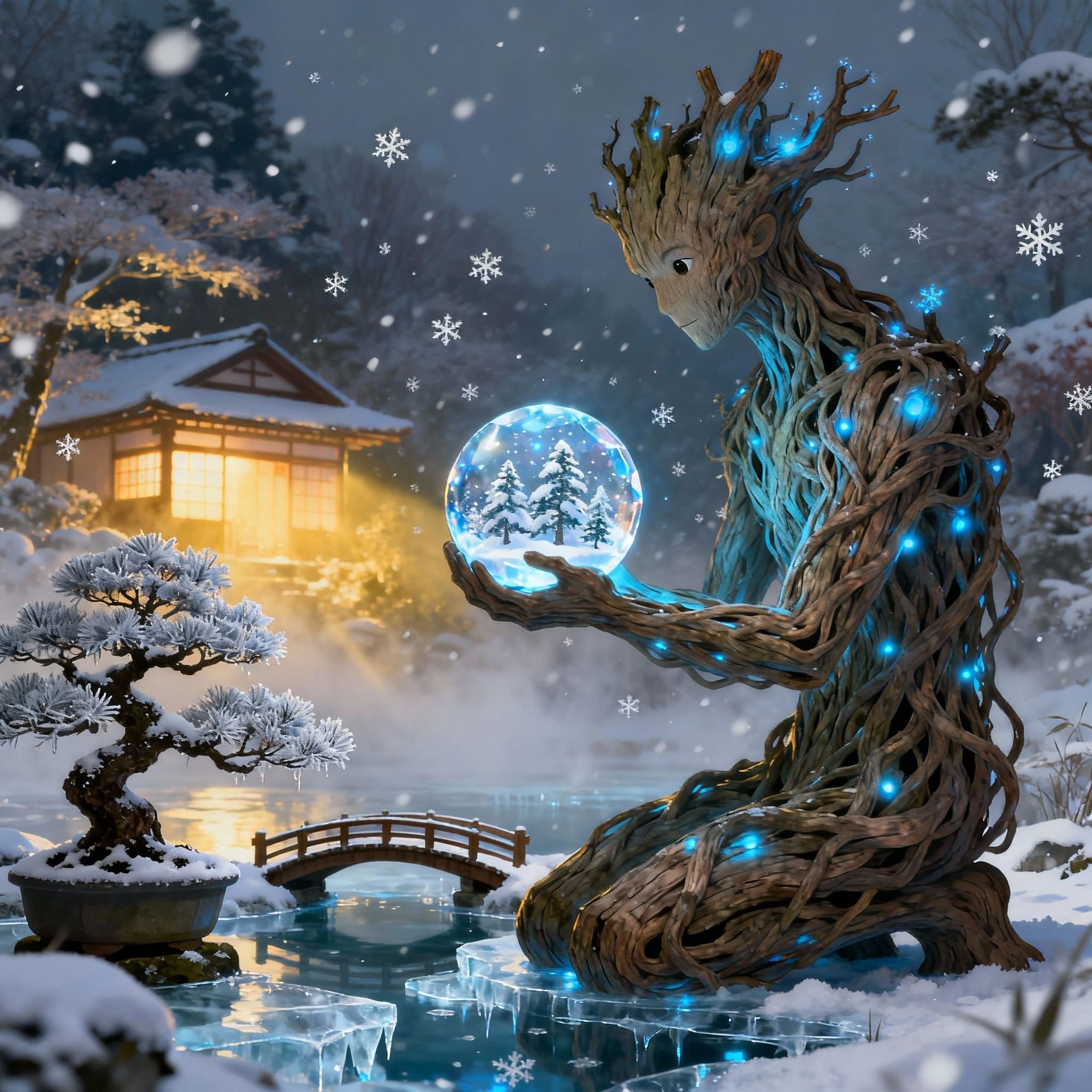 A serene winter scene in ultra-detailed fantasy style: a humanoid tree spirit made of intertwining wooden roots, glowing with soft blue ligh...