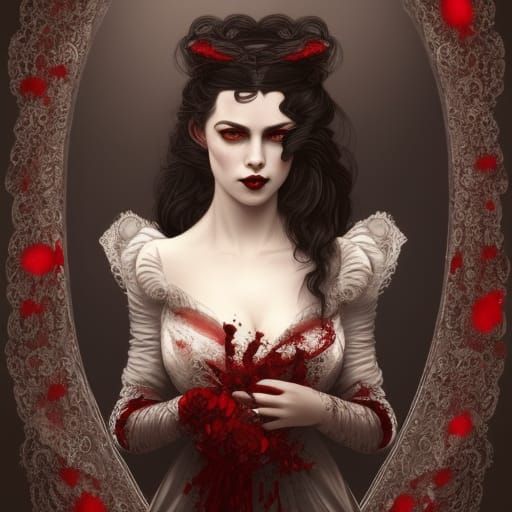 A beautiful vampire in an elaborate lace wedding dress with red eyes and fanged teeth. Blood spatter. ...  by @Kit_n_Caboodle