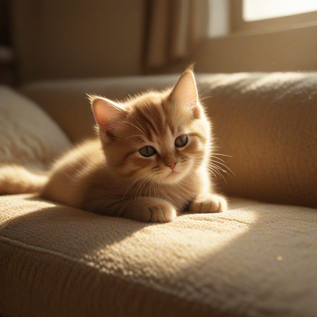 kitten sleeping on couch in ray of sunlight  by @Dolly