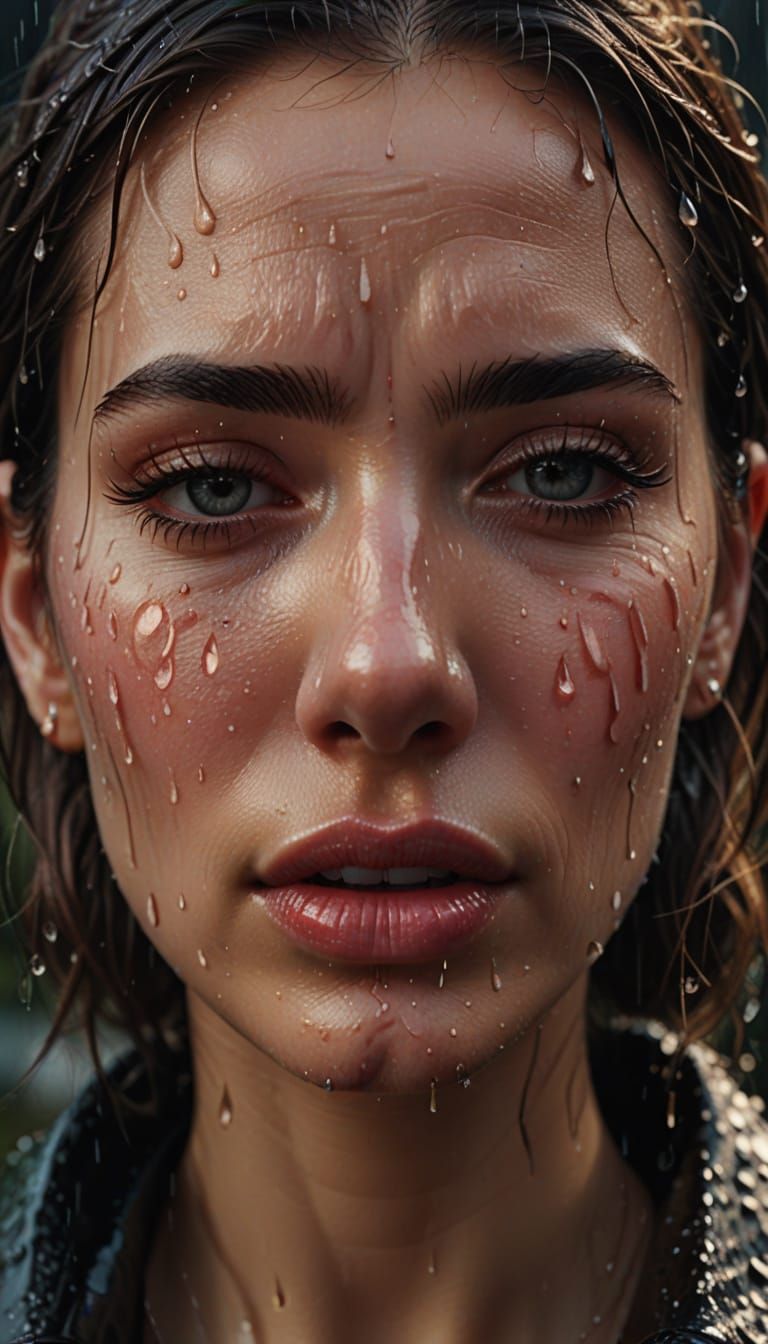 A hyper-realistic, detailed close-up of a beautiful dark-haired young woman’s face in tears. Tears streak down her cheeks as rain pours onto...