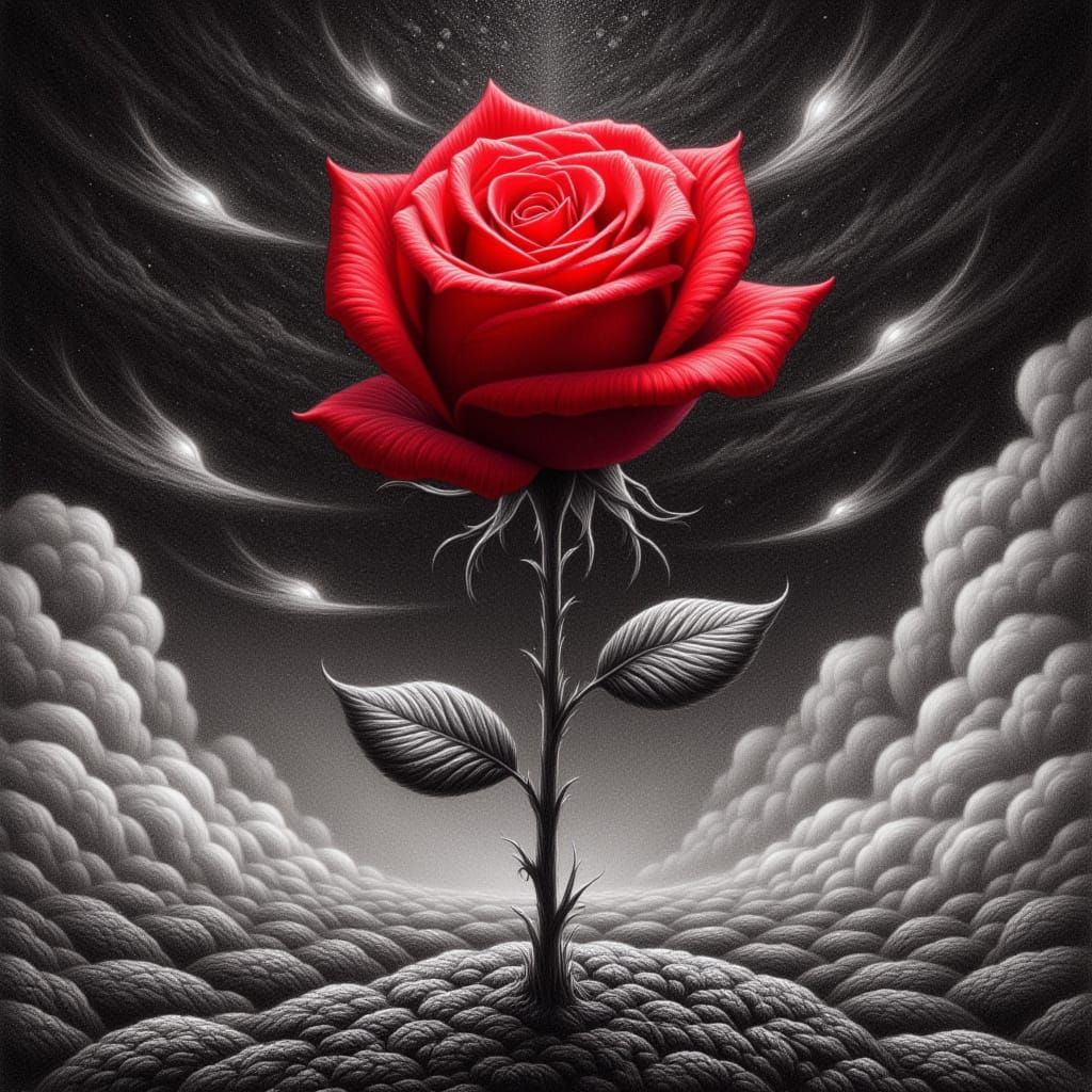 <lora:Red Roses:1.0> A Red Rose stand out  as emotions in against graphite grayscale  of forced  identity
 black and white, mystical and poe...