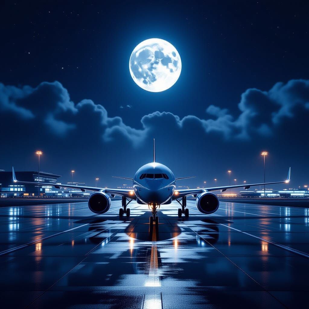 Airplane Under Moonlit Eclipse at Sci-Fi City Airport