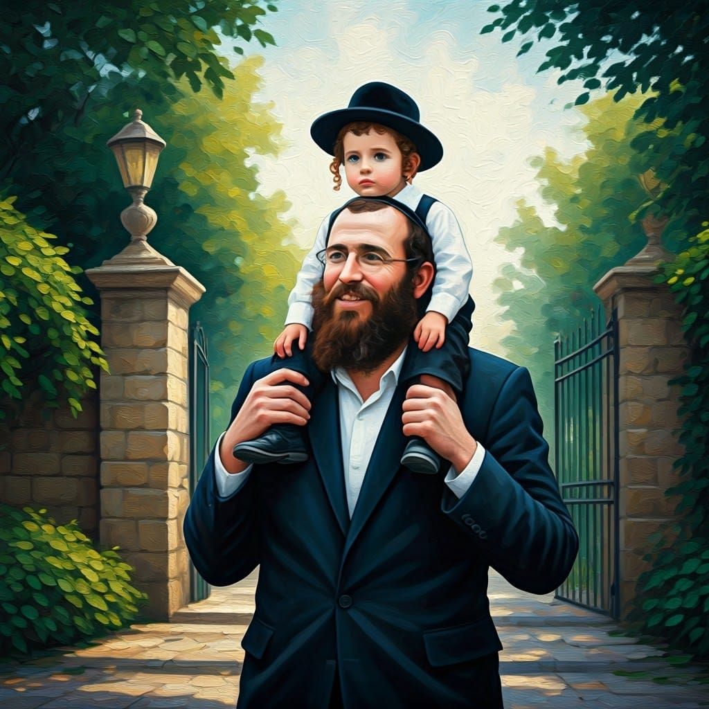 Joyful Father and Child in Neo-Impressionist Style