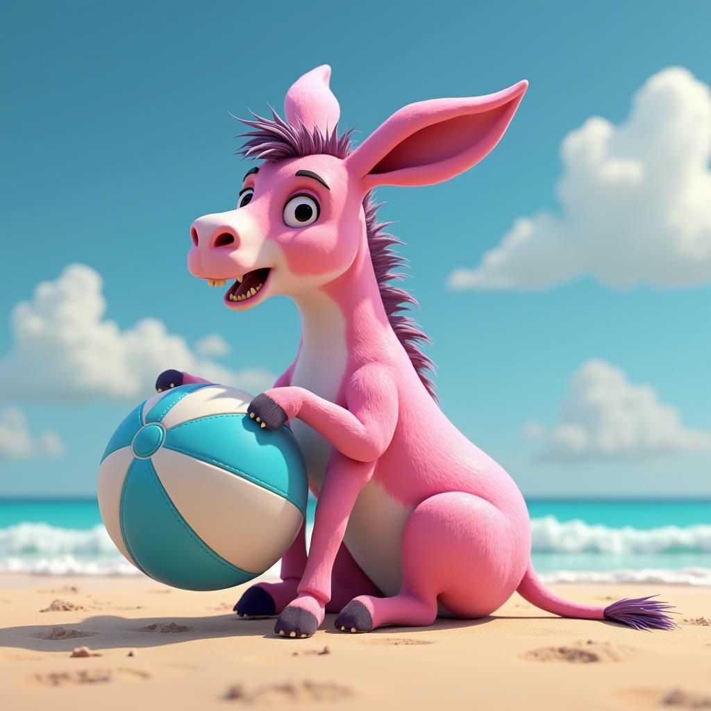 Animated donkey color pink sitting on his rear end playing w...