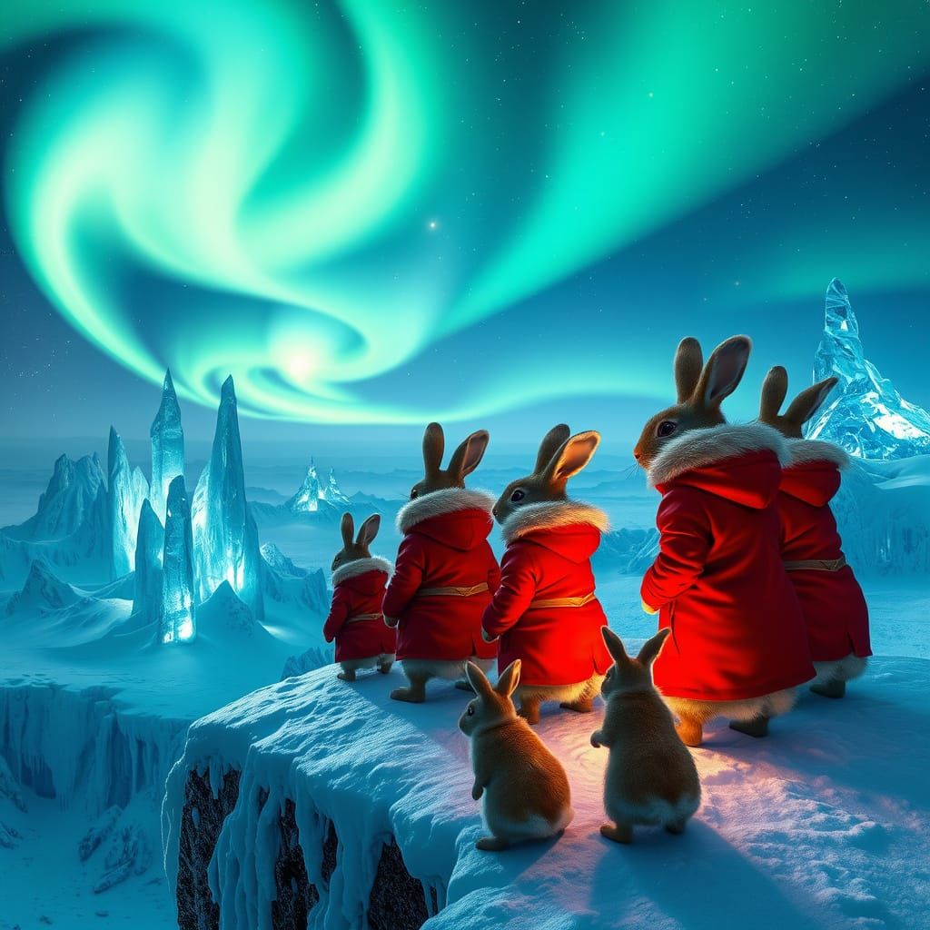 Rabbits Bask in Enchanted Northern Lights - AI Art