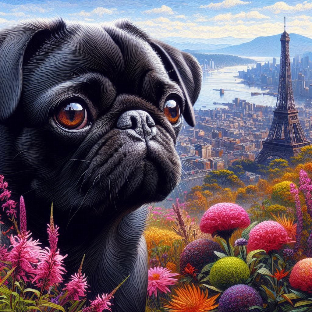 Black Pug Among Flowers