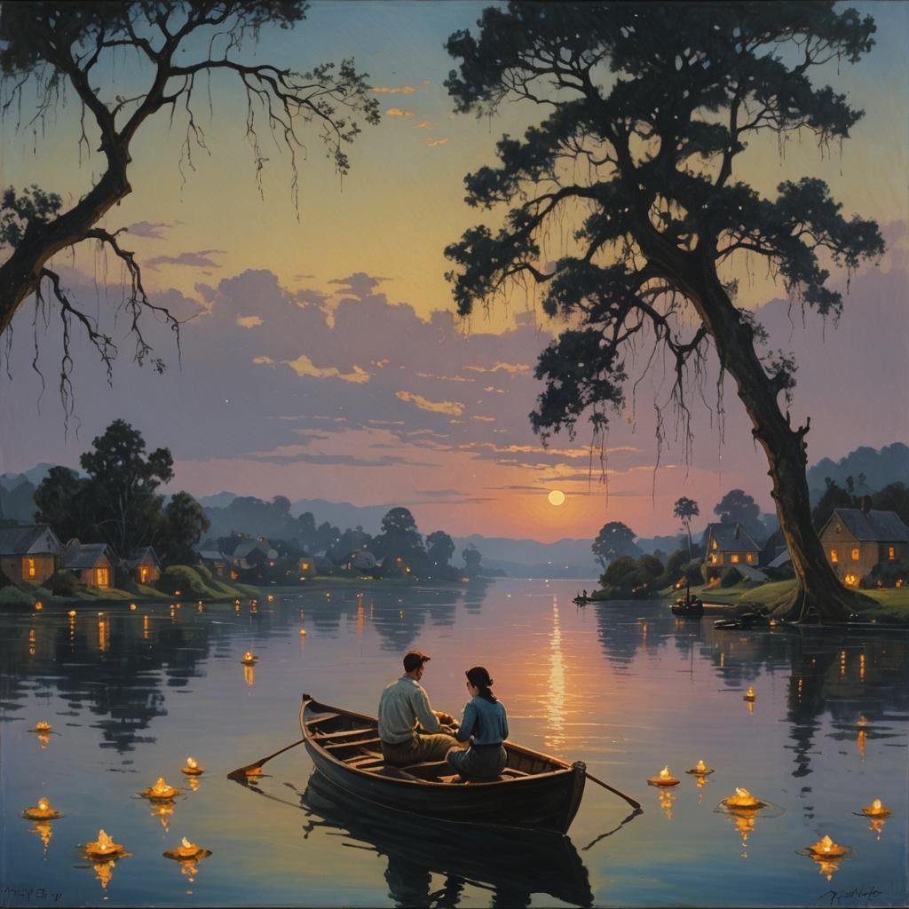 A romantic couple in a rowboat on still water at twilight, surrounded by hundreds of floating candles. ...  by @V