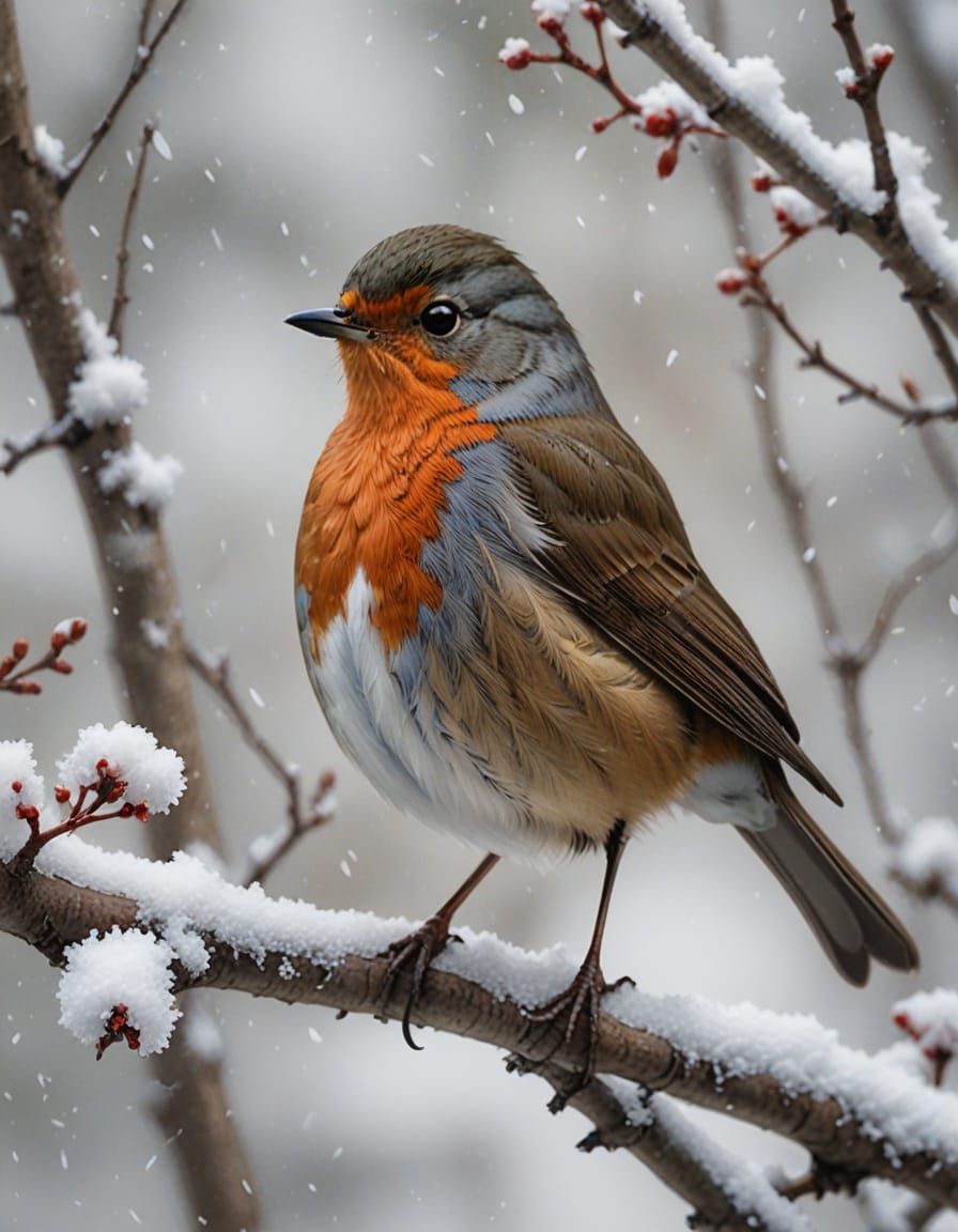 Painterly realism, a redbreasted robin sitting on a snowy branch, faded snowy white background   by @Gina Morley