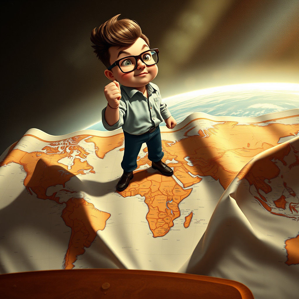 Man on World Map in Caravaggio-Toulouse-Lautrec Style