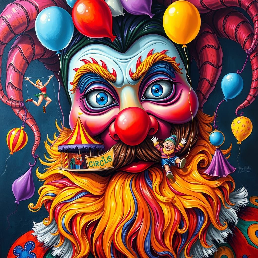 A jester's beard morphs into a vibrant circus. 
