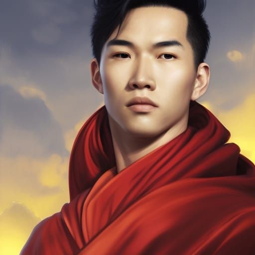 Full portrait of a dangerous red dragon, who is a young Asia...