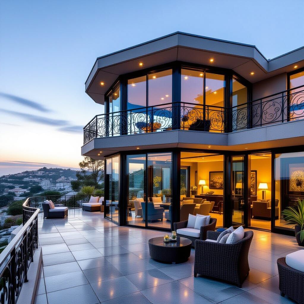 Imagine a grand mansion in the 21st century, differently shaped from the ordinary, sculptured garden with wrought-iron seating and cushions,... - Start Image 1