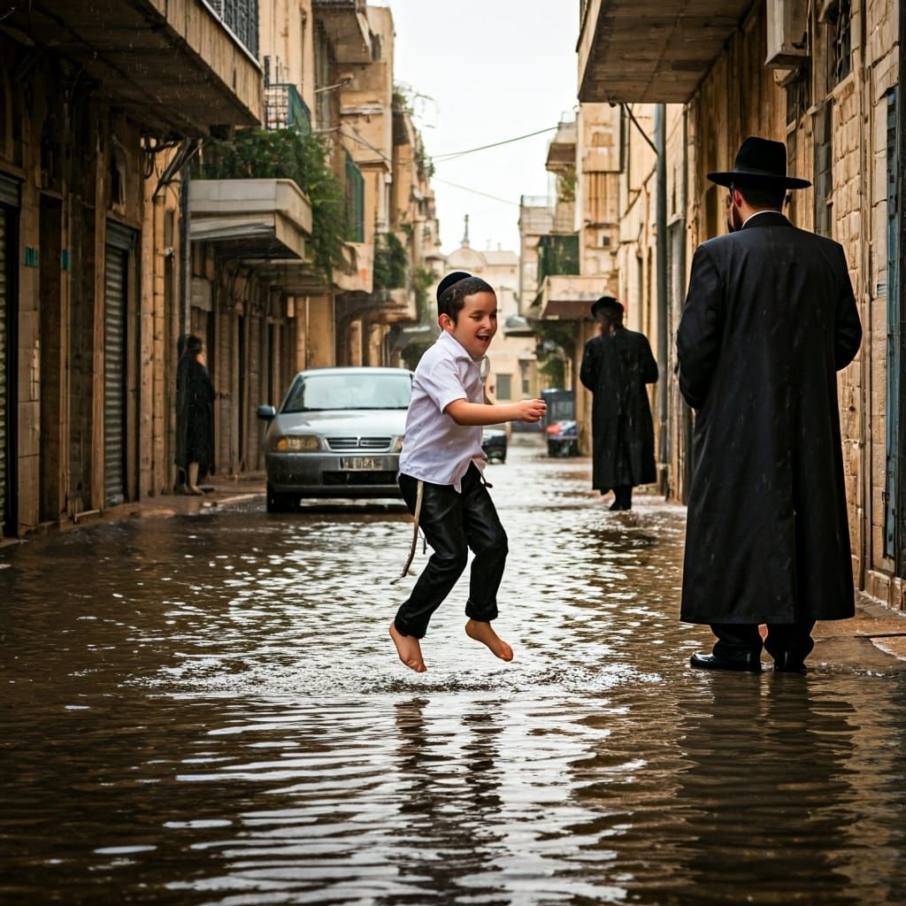 Joyful Leap in Jerusalem Street: Photojournalistic Style