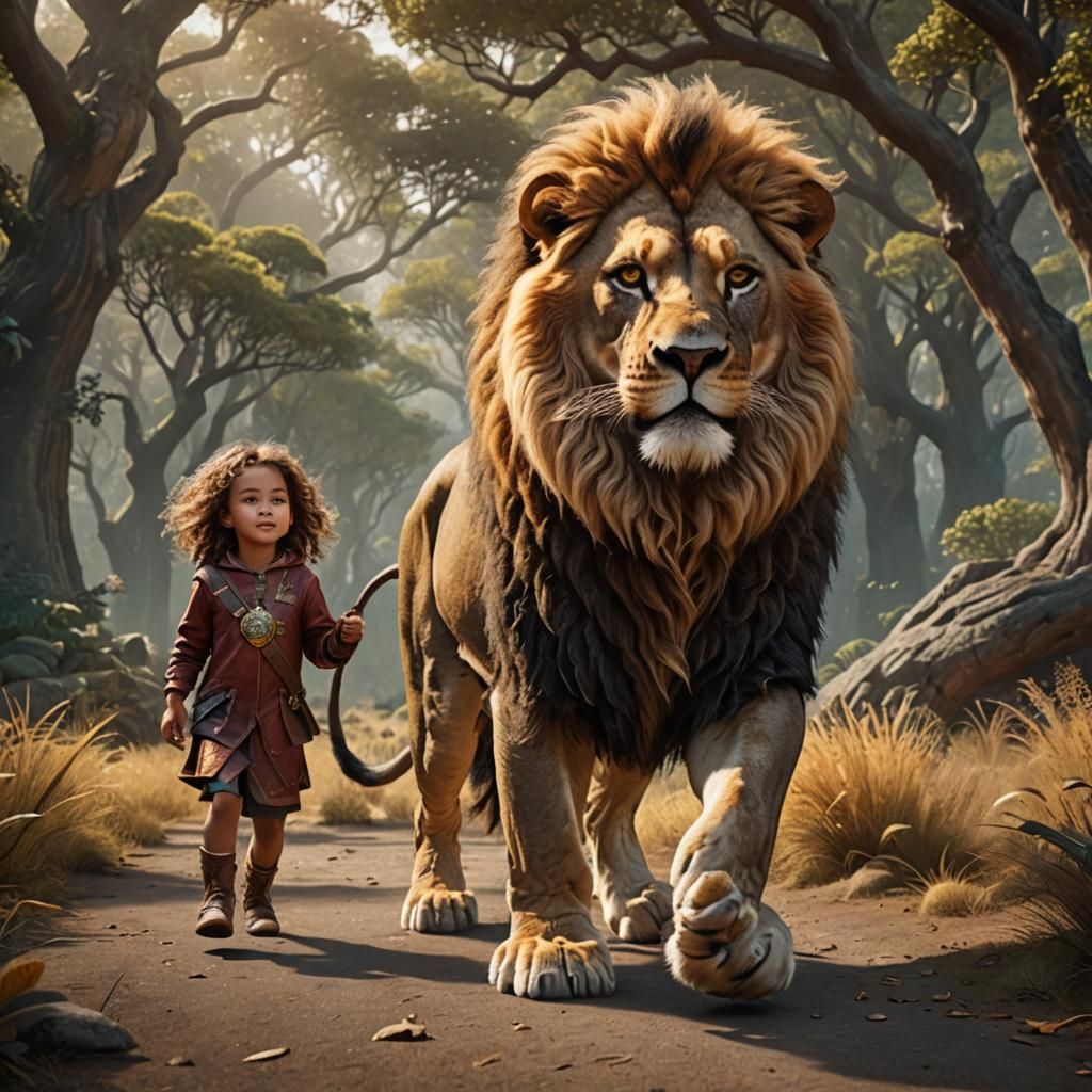 Toddler Riding a Lion: Fantasy Concept Art