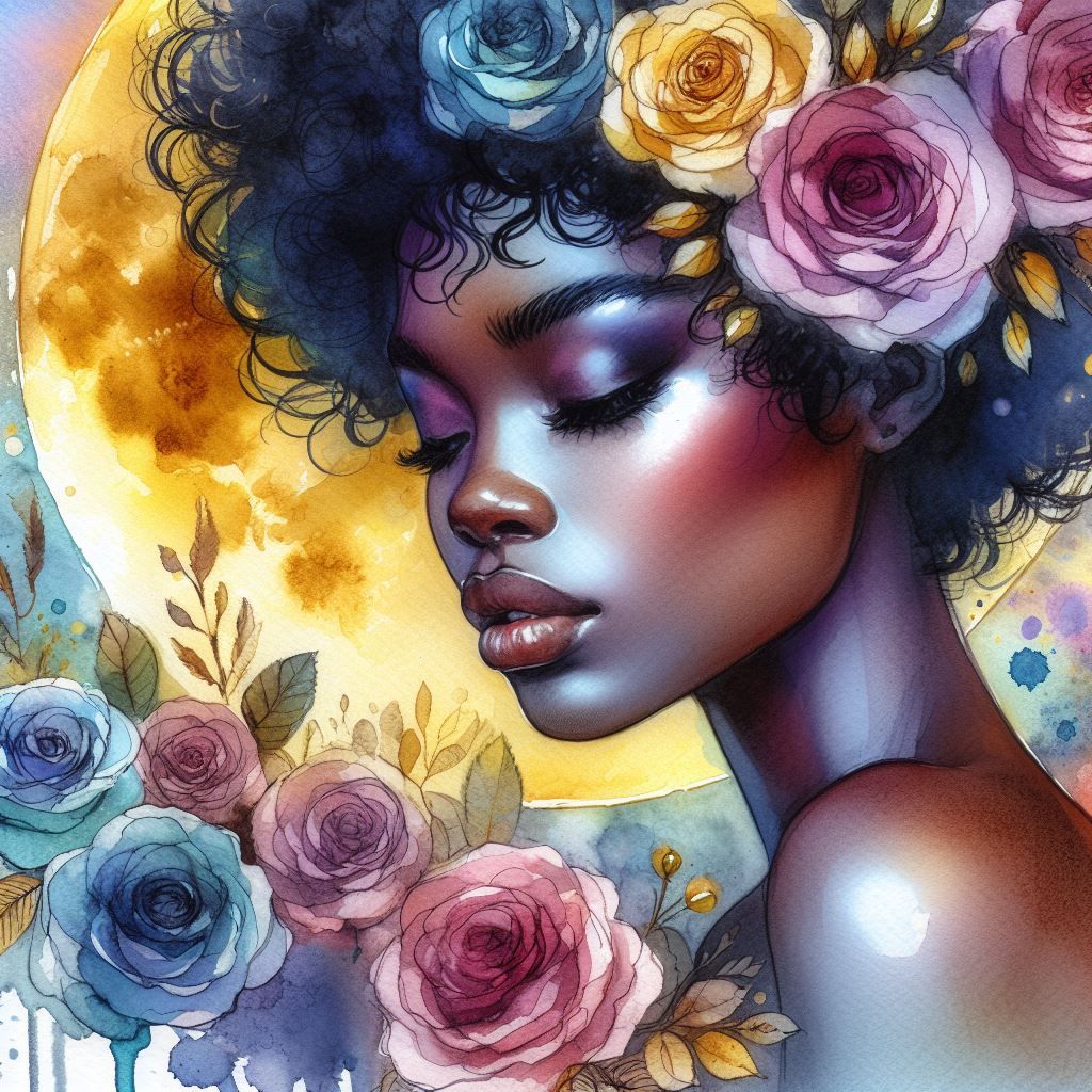 Woman And Roses And Moon