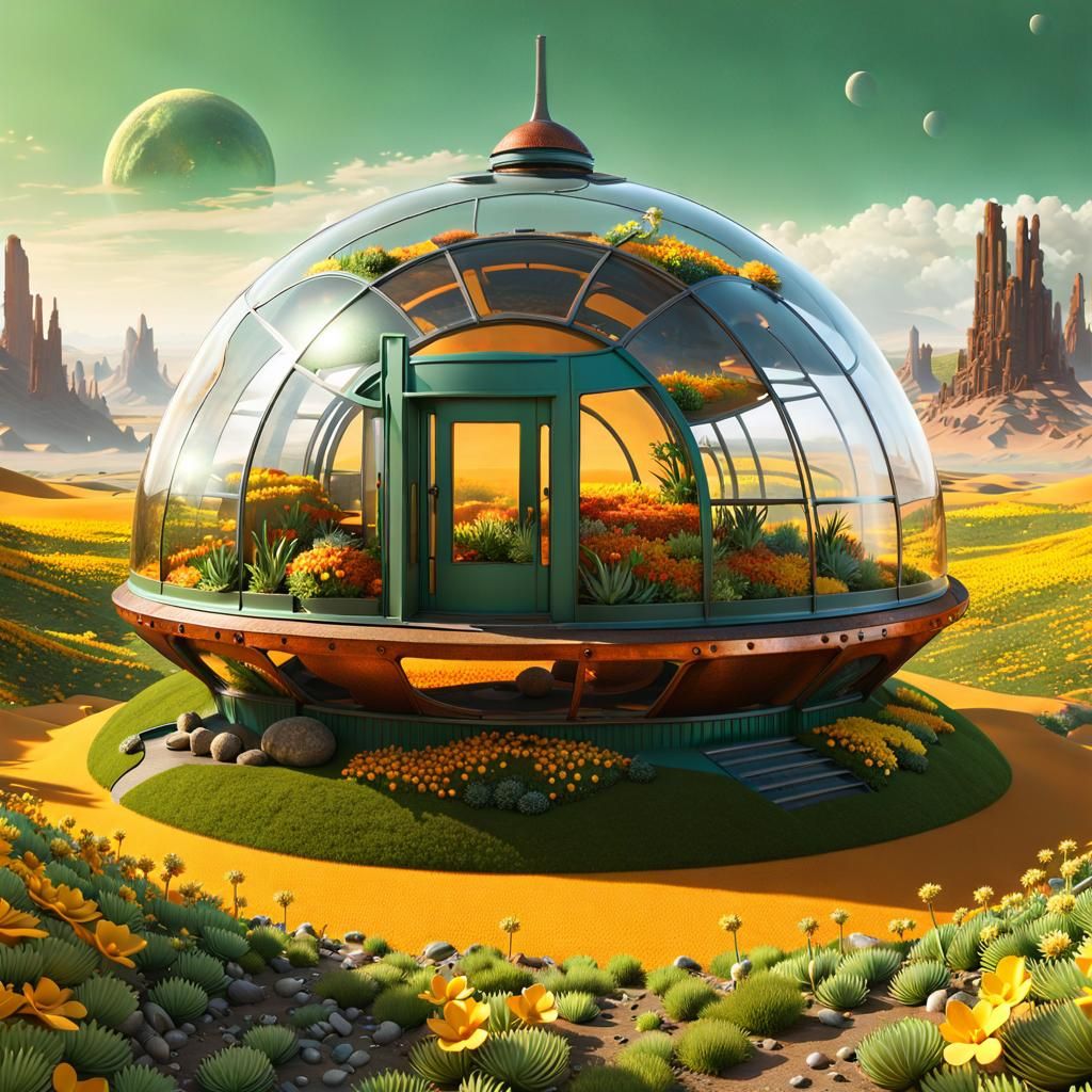 A futuristic garden under a glass dome on an alien planet