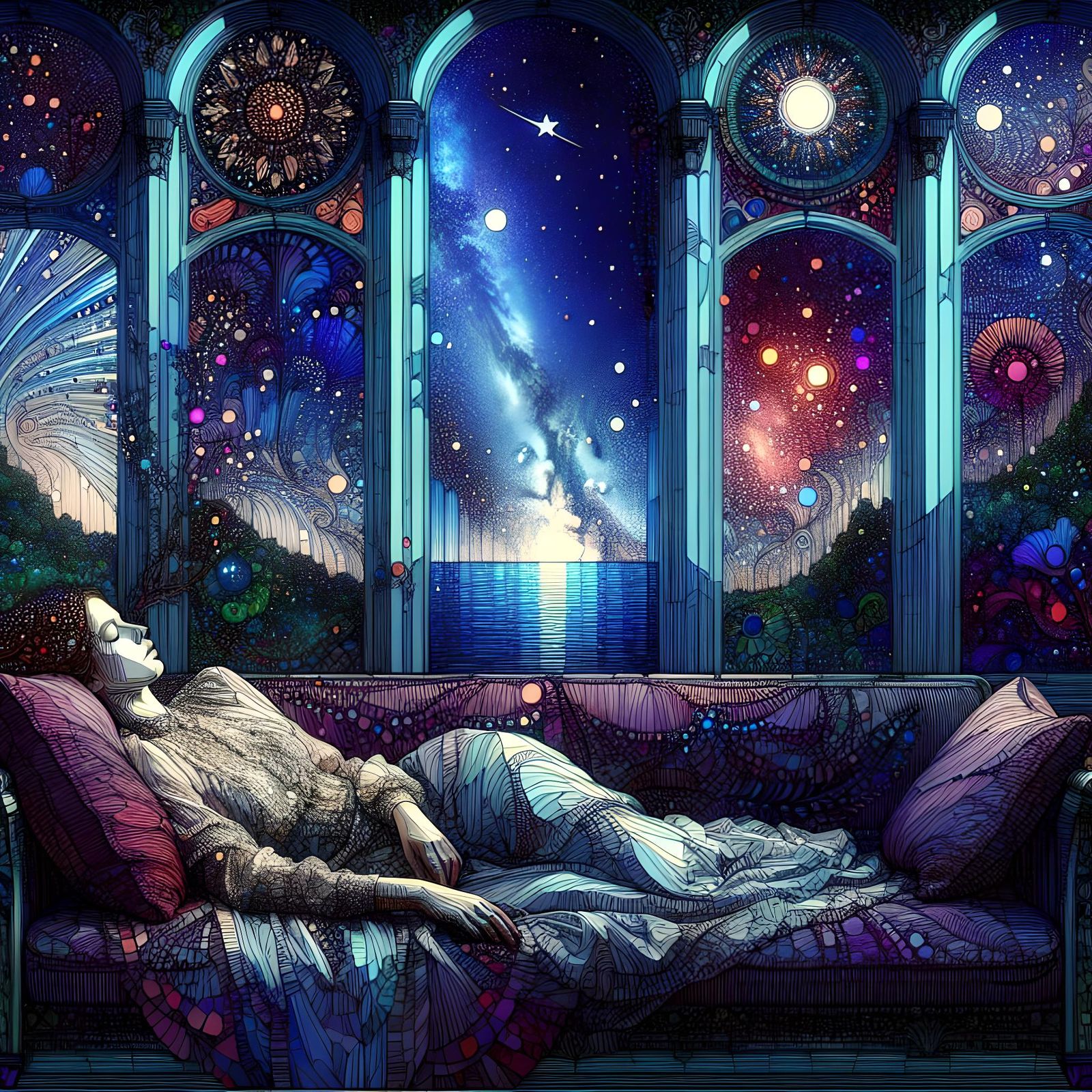 Surreal Girl Sleeping Before Starry Night, in Maximalist Sty...