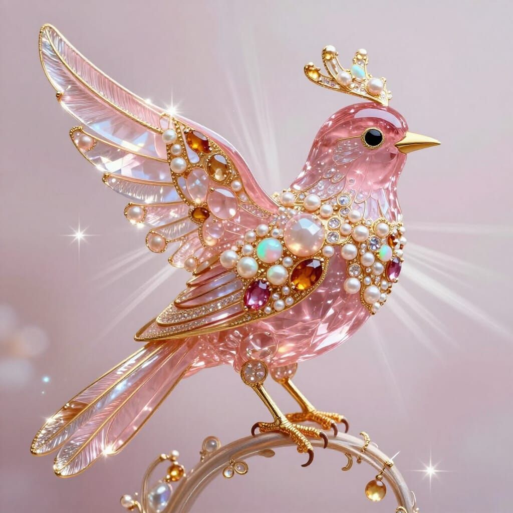 Rose Crystal Bird Portrait with Golden Filigree