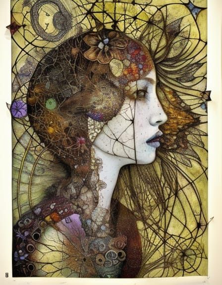 Textile Art Woman with Flowers and Star Map