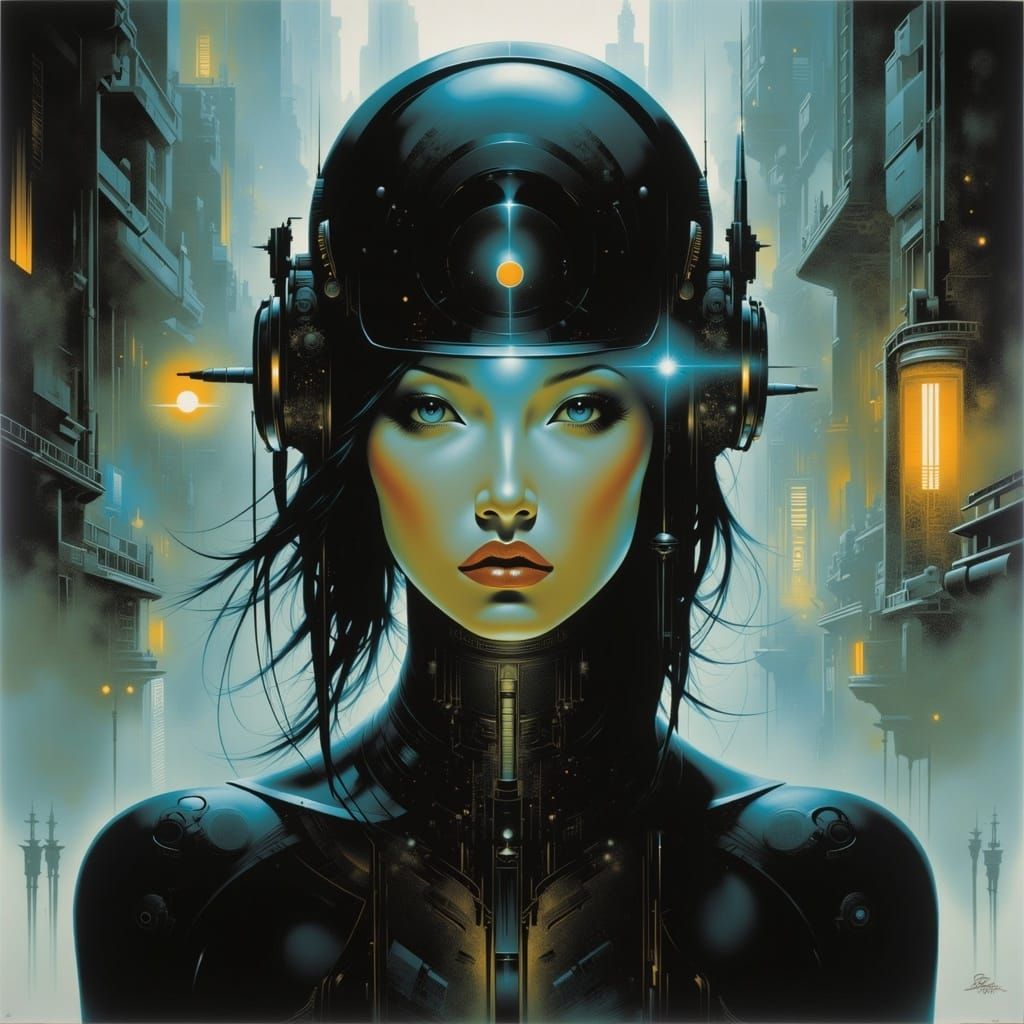 <lora:The Convergence:1.0>; 8k; a stunning photo realistic grunge painting; distopian city; futuristic high tech cyberpunk womans face; mute...