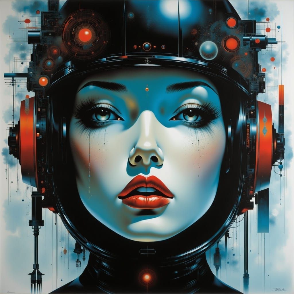 <lora:The Convergence:1.0>; 8k; a stunning photo realistic grunge painting; distopian city; futuristic high tech cyberpunk womans face; mute...