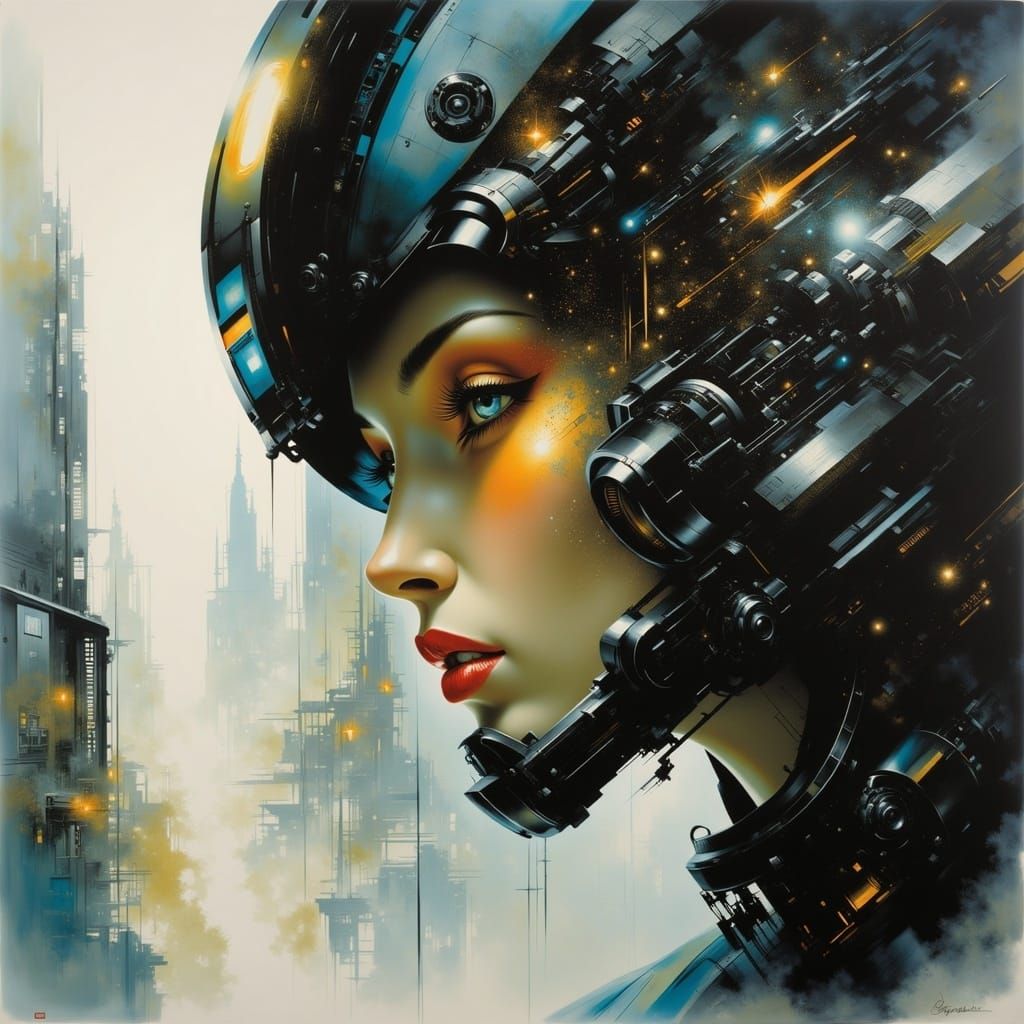 <lora:The Convergence:1.0>; 8k; a stunning photo realistic grunge painting; distopian city; futuristic high tech cyberpunk womans face; mute...