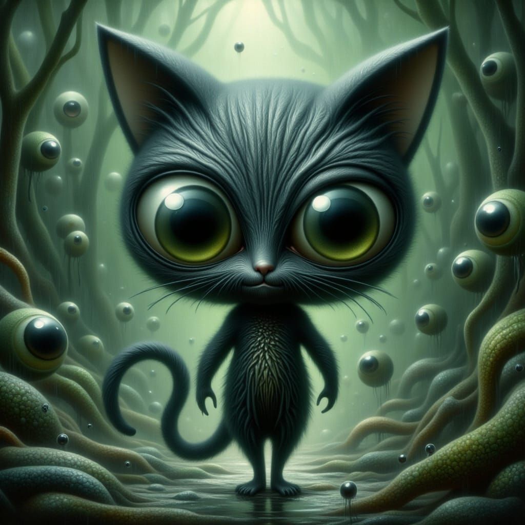 <lora:-Distorted Whimsy-:1.0>  Grunge, ultra-detailed, raw conceptual scene ▪ A tiny version of the Cheshire Cat as a ninja, stealthily snea...