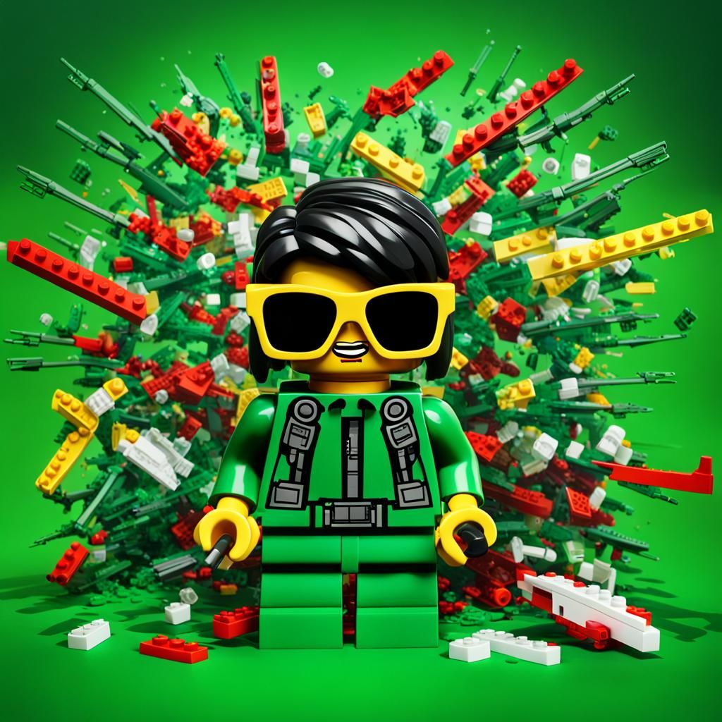 Neo lego doll with sunglasses and weapons on a green backgro...