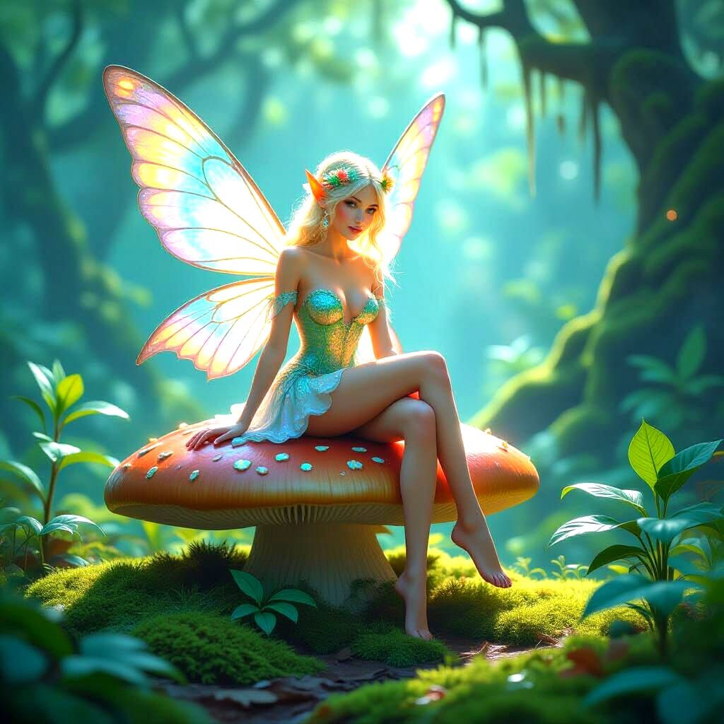 A whimsical, bioluminescent fairy with intricate, glowing patterns on its skin, perched on a giant mushroom in a fantastical forest. The for...