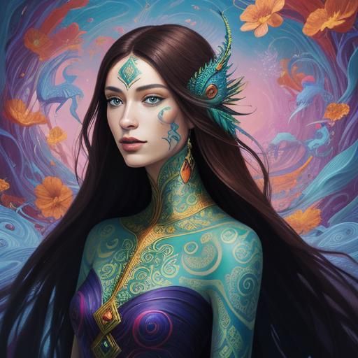 Beautiful dragon peacock woman with dark brown skin, long ha...