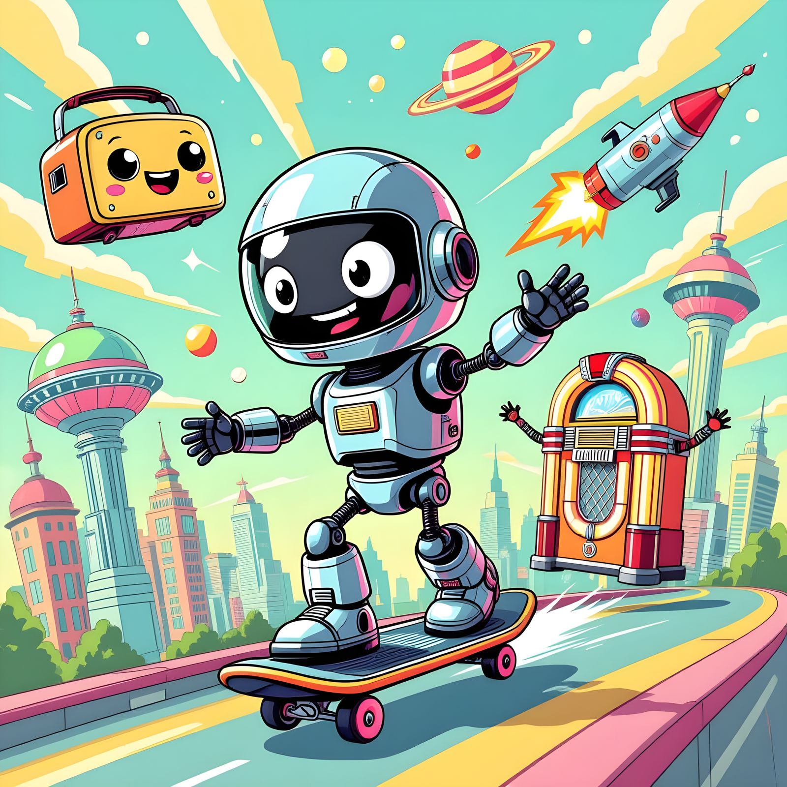 Retro-Futuristic Cartoon Robot on Hoverboard