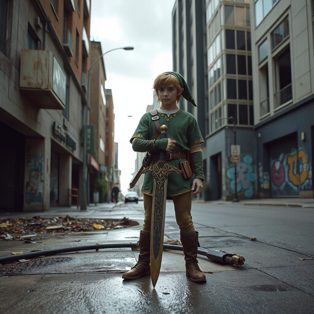 Link from the Legend of Zelda, standing in a modern city street, holding the Master Sword.