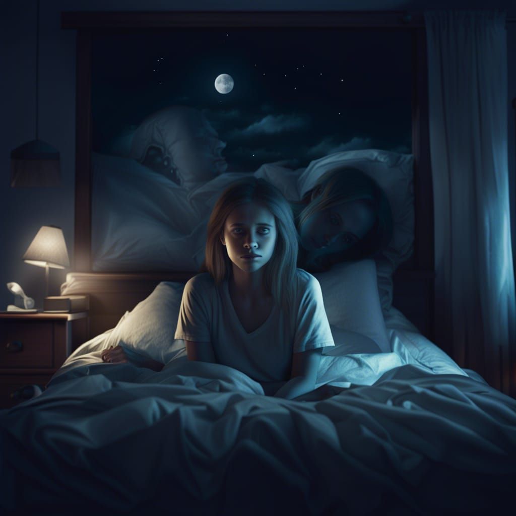 A girl in bed at night experiencing sleep paralysis 