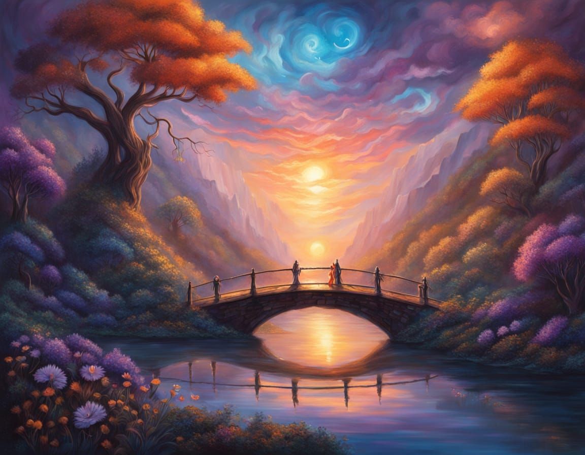 Mystical Spiral Bridge at Sunset Acrylic Painting