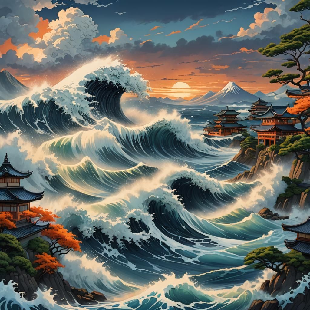 Giant Wave Crashes Over Japan: Hokusai and Miyazaki Style