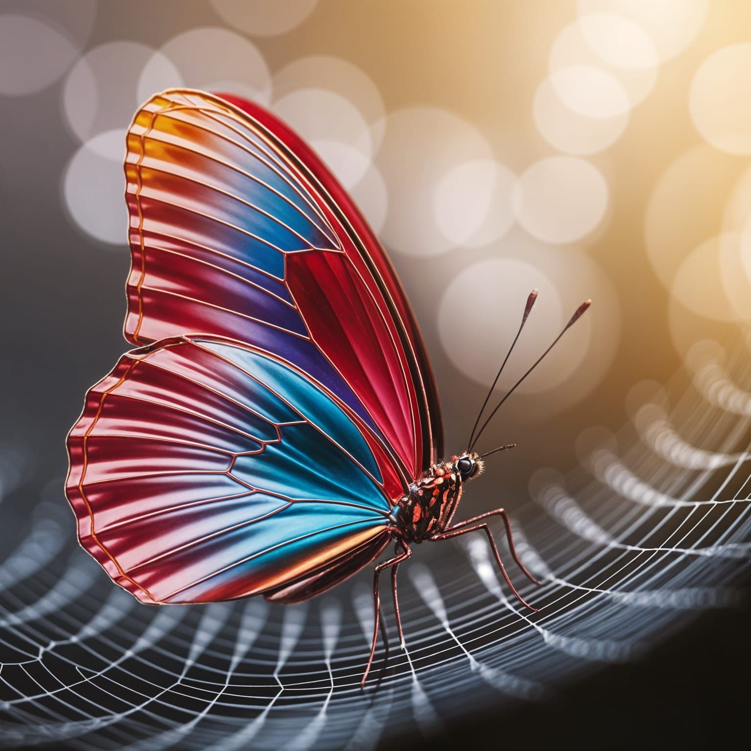 Close-up of a metallic multi coloured butterfly, predominantly vibrant red and blues, resting in a spider's ...  by @PWC Digital Art