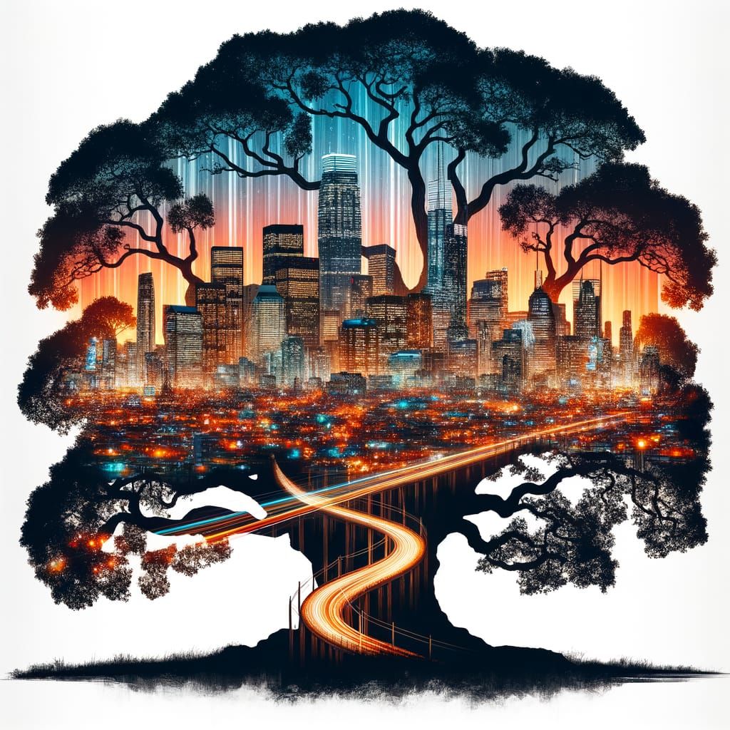 
"A captivating digital painting in the style of a double exposure silhouette. The primary subject is a colossal, ancient oak tree, depicted...