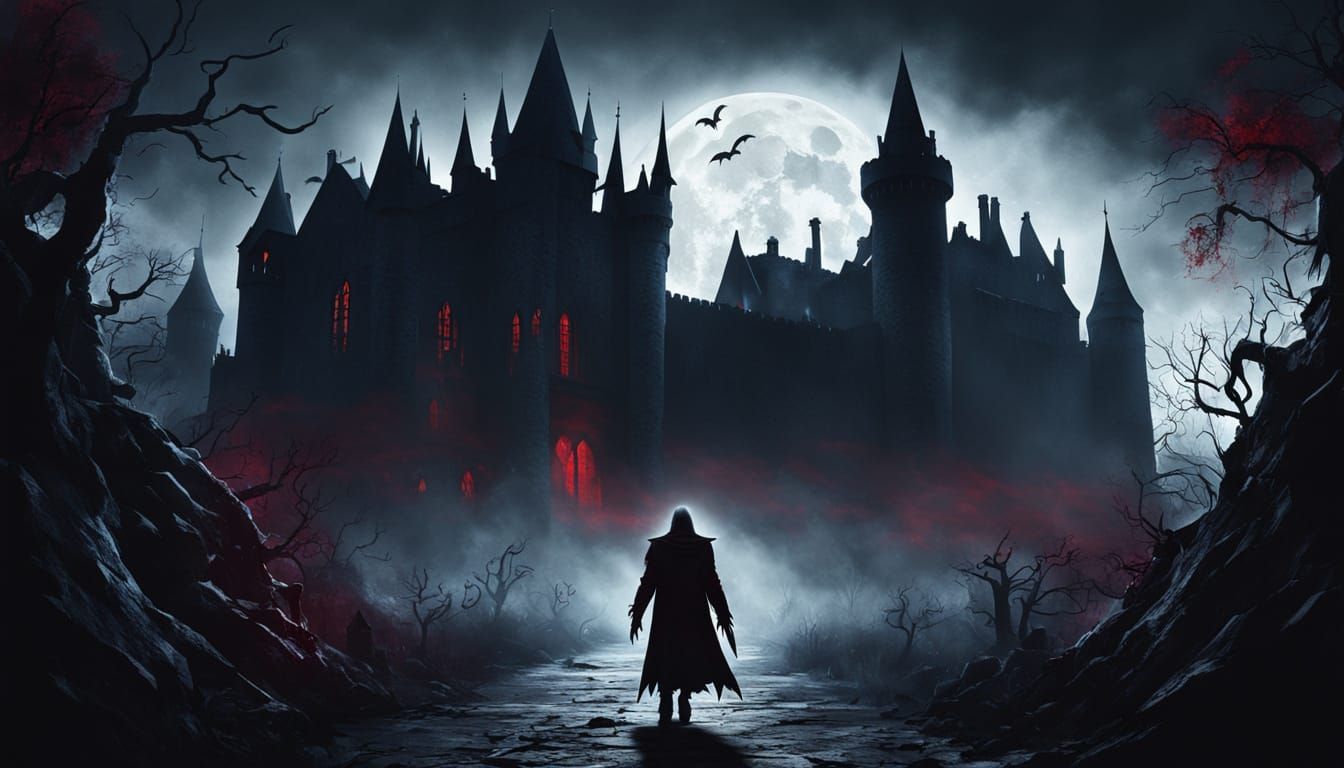 Close-up of a terrifying vampire, reaching out as if to grab you. Front view, perspective. Creepy atmosphere, with a castle in the backgroun...