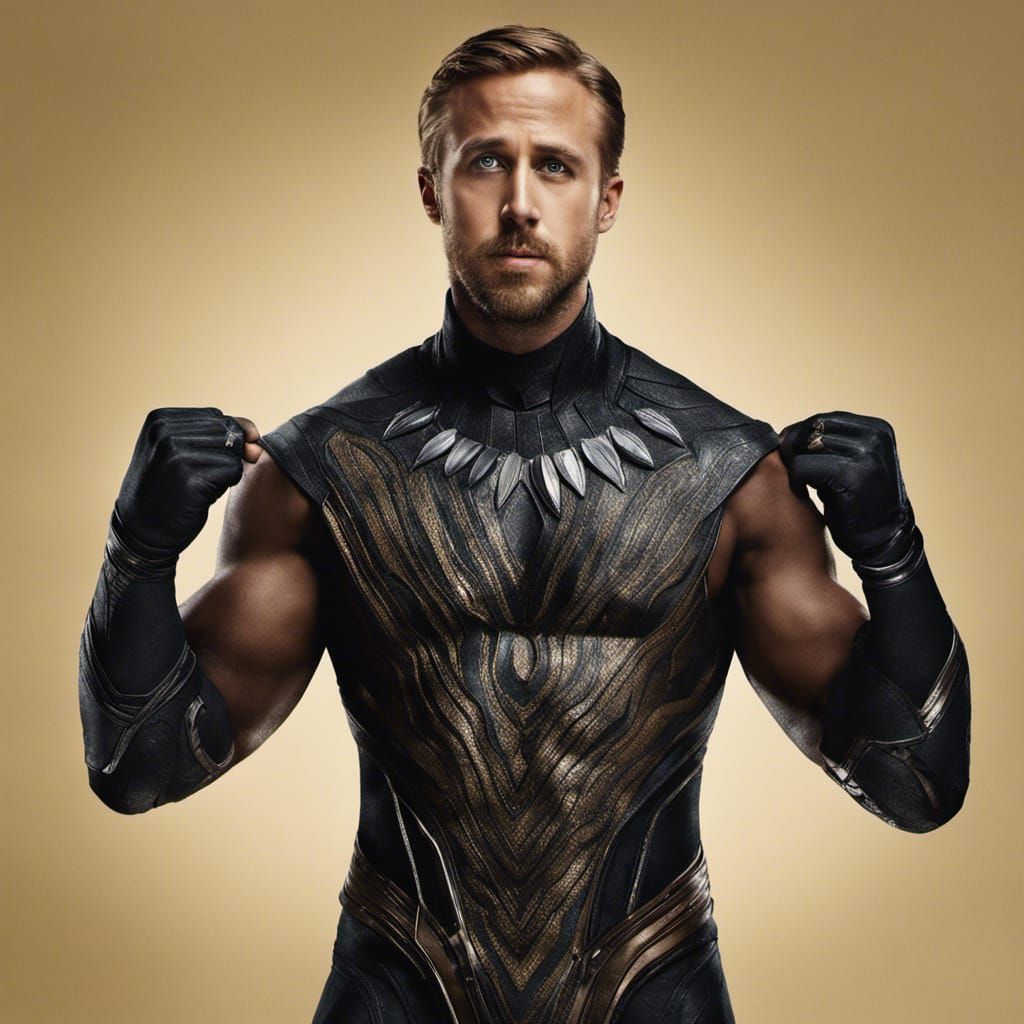 Ryan Gosling as the superhero Black Panter, without mask, making the ...