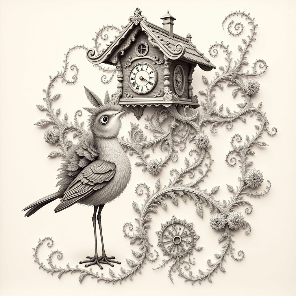 <lora:fract:1.0> fractal art A big-eyed, thin-legged boho bird stands in front of the cuckoo clock. By Romain Mennetrier. Pencil drawing wit...